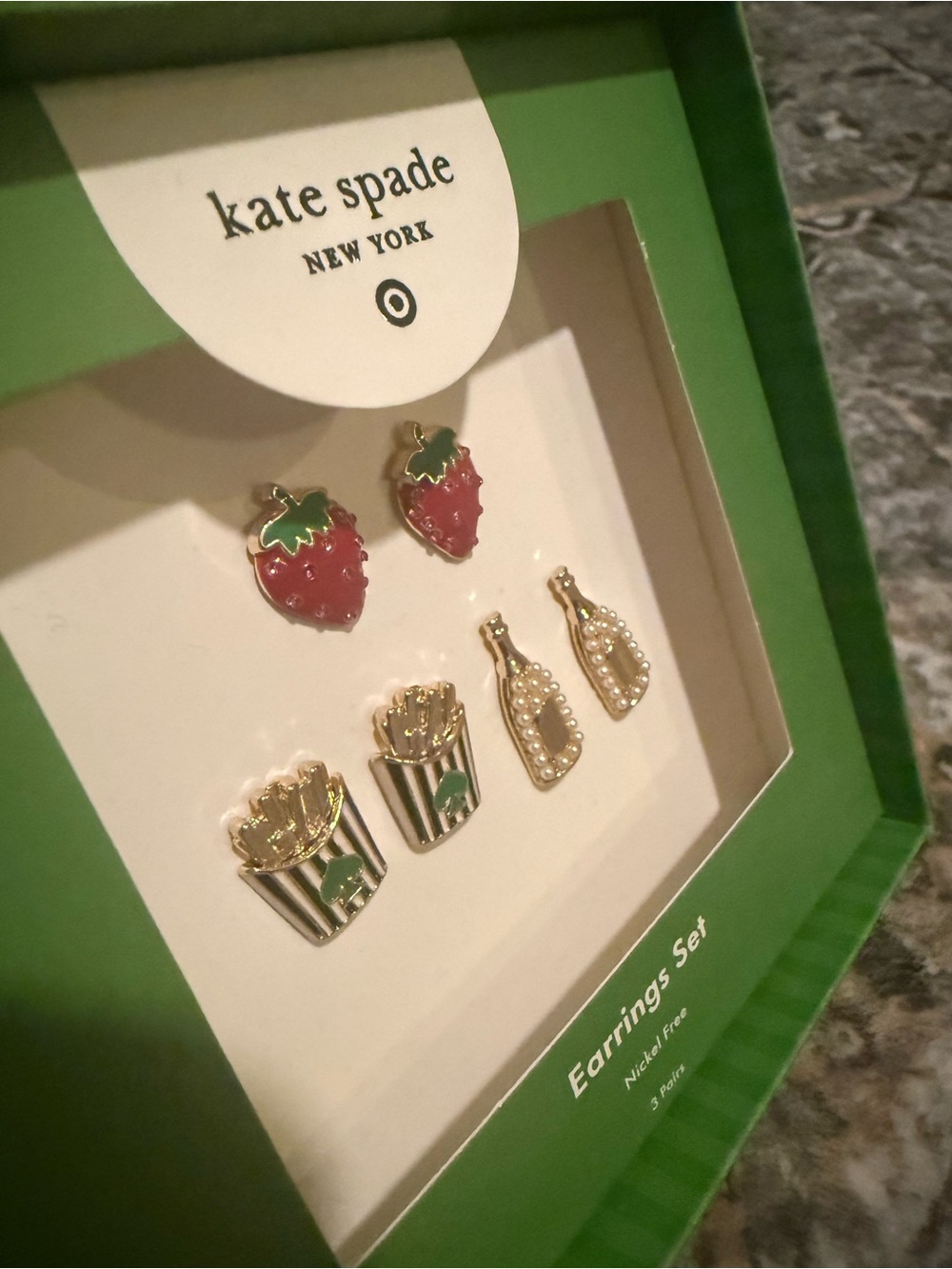 Kate Spade X Target Stud Earrings Set 3 Strawberry 🍓 French Fries 🍟 Champagne 🍾 - Picture 3 of 5